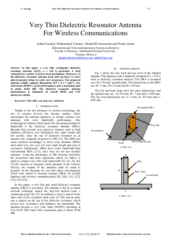 (PDF) Very Thin Dielectric Resonator Antenna For Wireless
