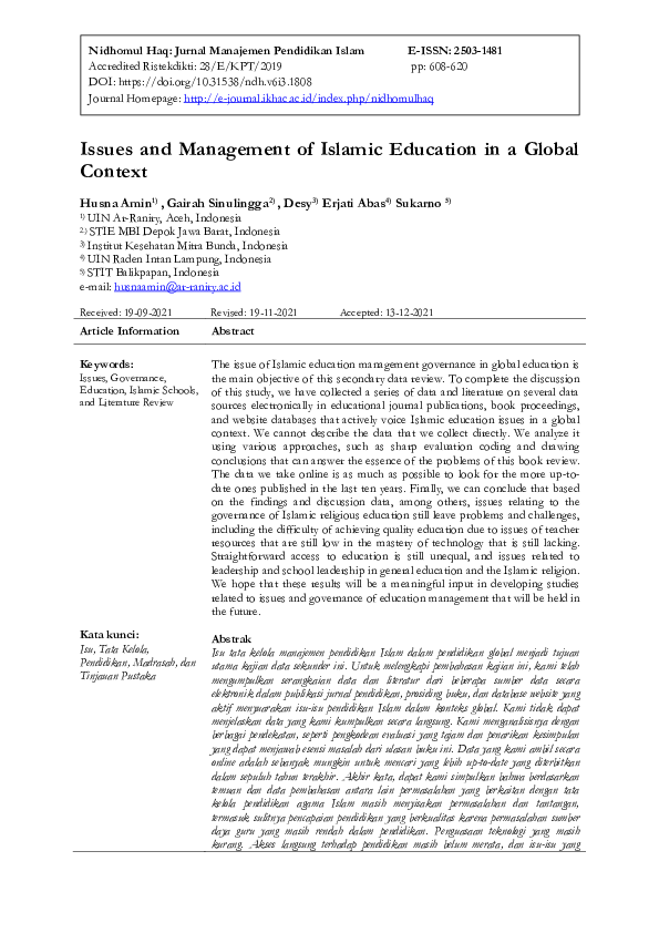 (PDF) Issues and Management of Islamic Education in a Global Context