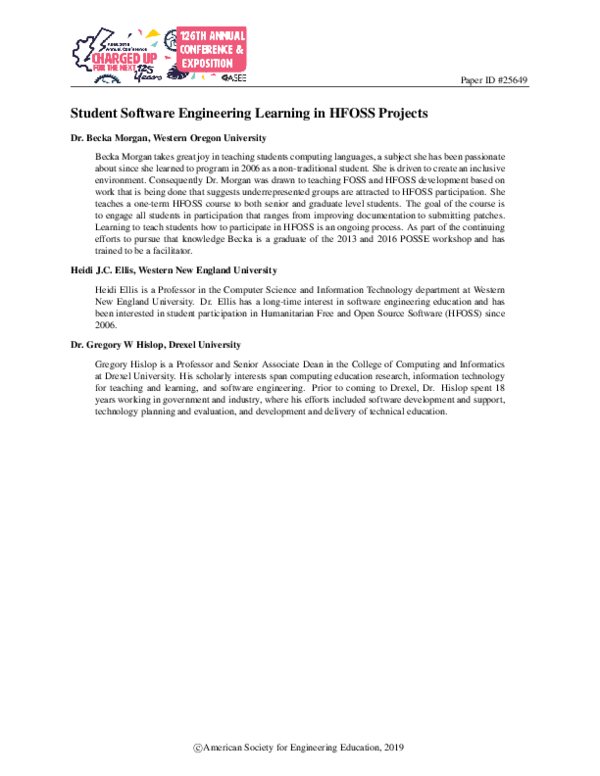 (PDF) Student Software Engineering Learning in HFOSS Projects