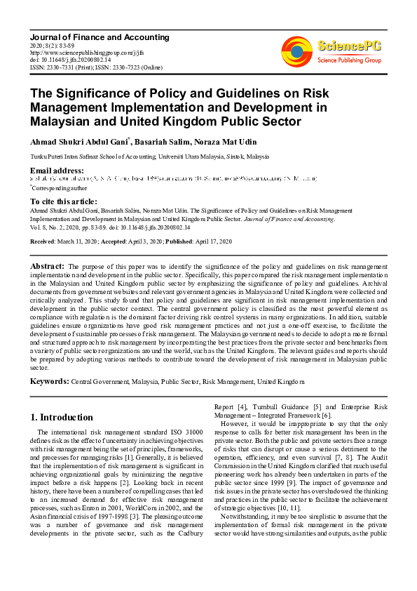(PDF) The Significance of Policy and Guidelines on Risk Management ...
