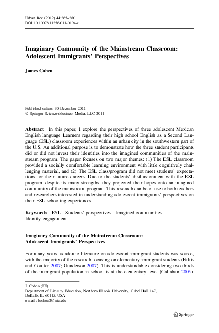 (PDF) Imaginary Community of the Mainstream Classroom: Adolescent ...
