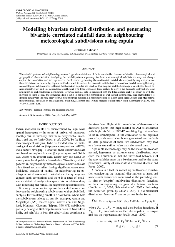 (PDF) Modelling bivariate rainfall distribution and generating ...