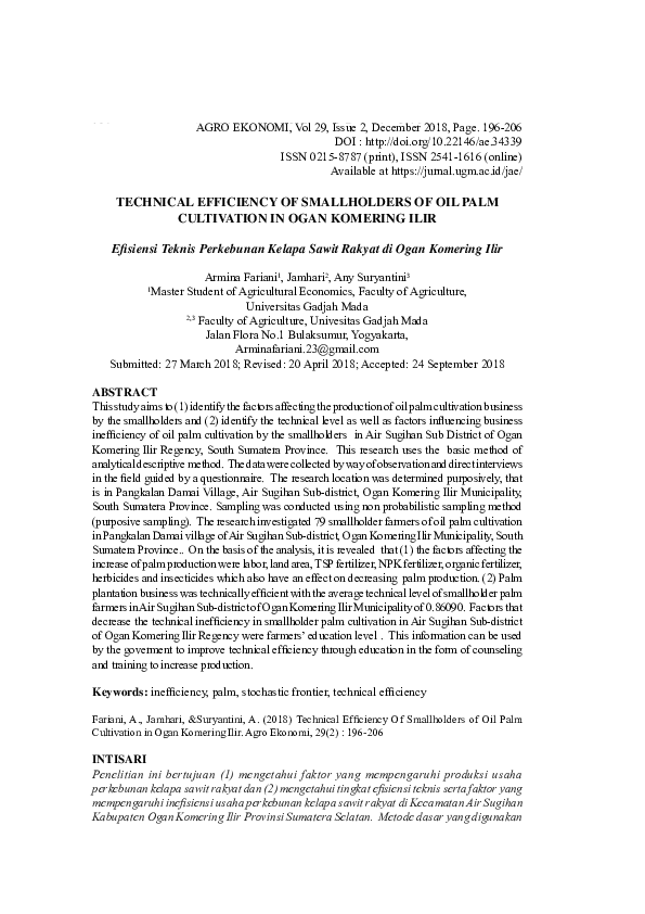 (PDF) Technical Efficiency Of Smallholders Of Oil Palm Cultivation In ...