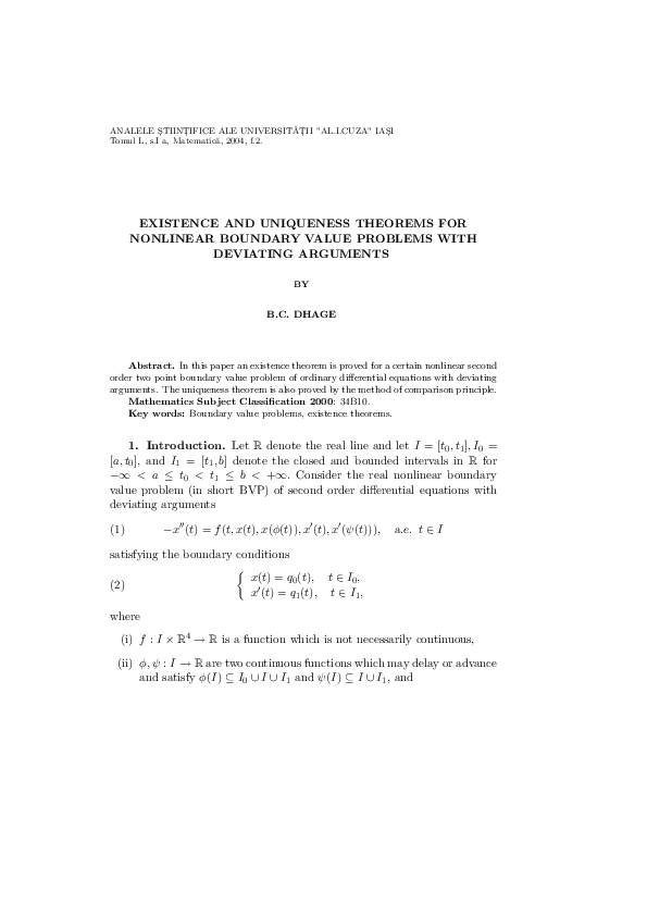 (PDF) Existence and Uniqueness Theorems for Nonlinear Boundary Value ...