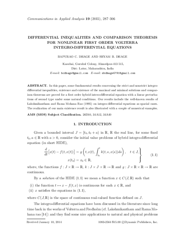 (PDF) Differential Inequalities and Comparison Theorems for Nonlinear ...