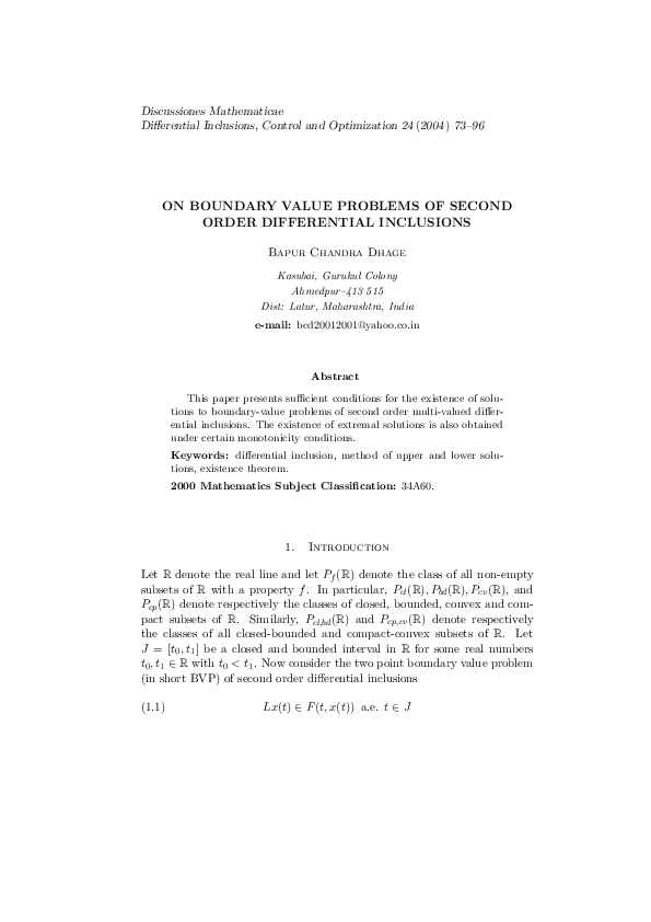 (PDF) On boundary value problems of second order differential inclusions