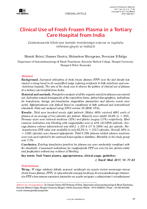 (PDF) Clinical use of fresh frozen plasma in a tertiary care hospital ...