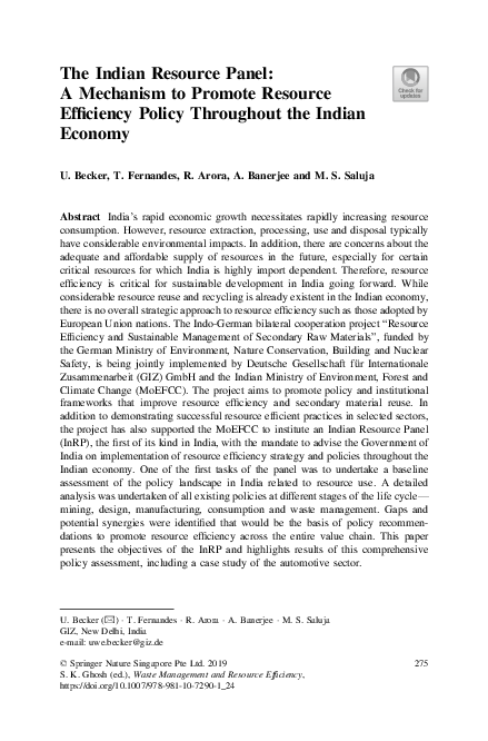(PDF) The Indian Resource Panel: A Mechanism to Promote Resource ...