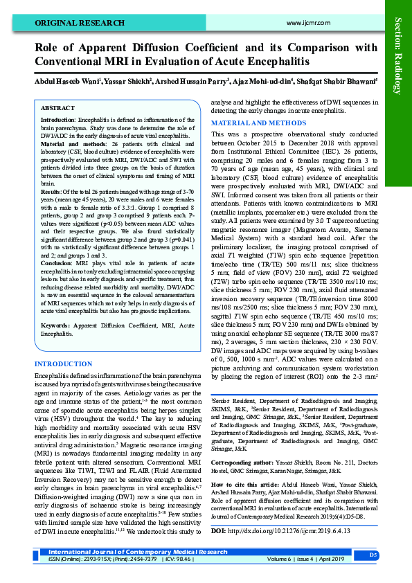 (PDF) Role of Apparent Diffusion Coefficient and its Comparison with ...
