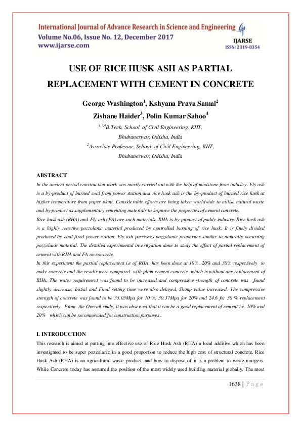 (PDF) Use of Rice Husk Ash as Partial Replacement with Cement in Concrete
