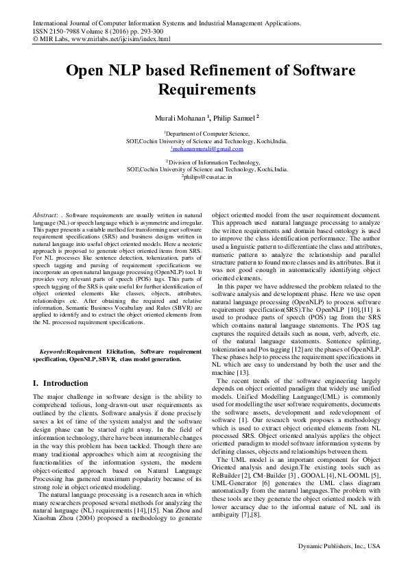 (PDF) Open NLP based Refinement of Software Requirements
