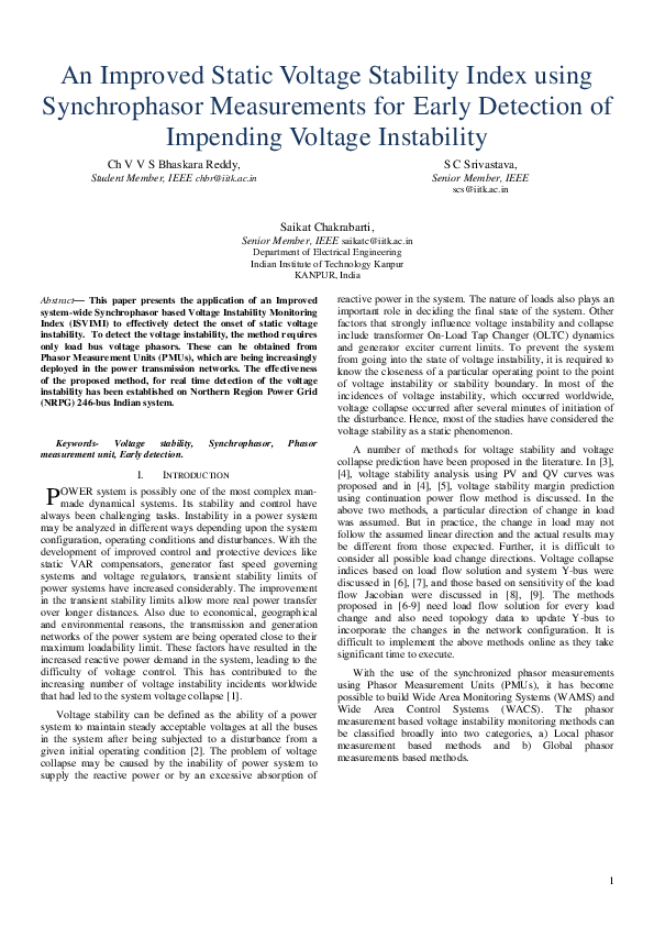 (PDF) An Improved Static Voltage Stability Index using Synchrophasor ...