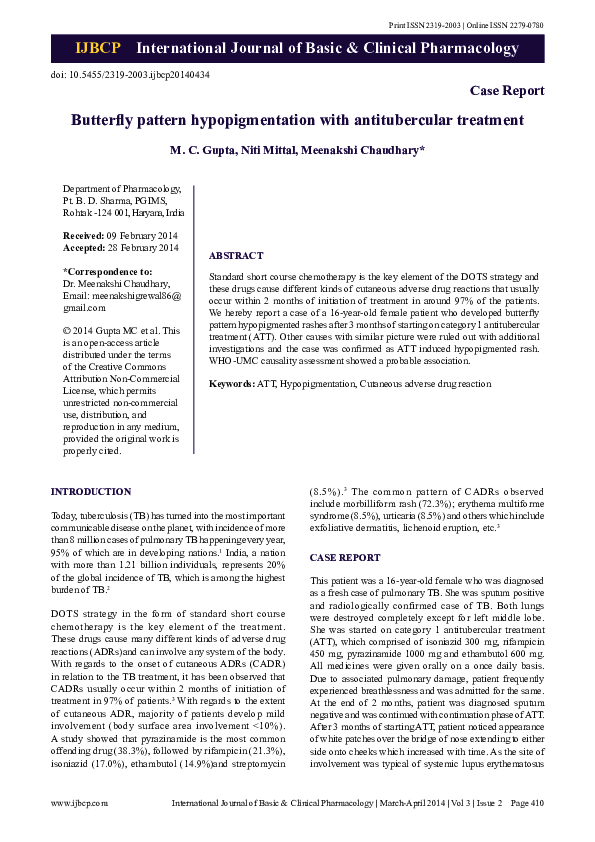 (PDF) Butterfly pattern hypopigmentation with antitubercular treatment