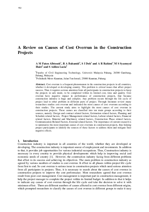 (PDF) A review on causes of cost overrun in the construction projects