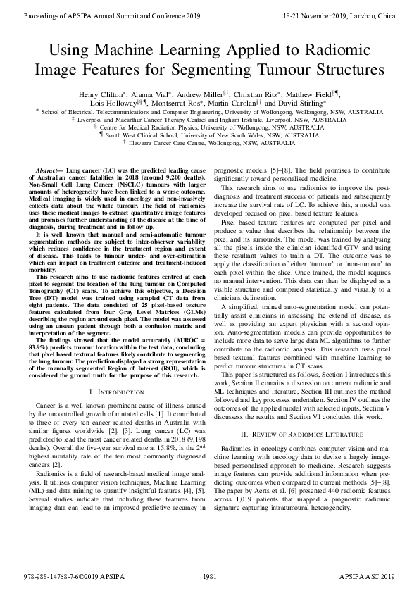 (PDF) Using Machine Learning Applied to Radiomic Image Features for ...