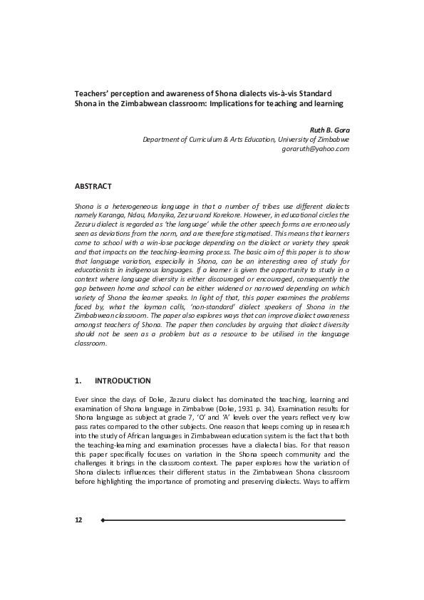 (PDF) Teachers’ perception and awareness of Shona dialects vis-à-vis ...