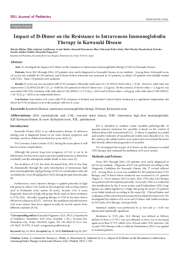 (PDF) Impact of DDimer on the Resistance to Intravenous Immunoglobulin