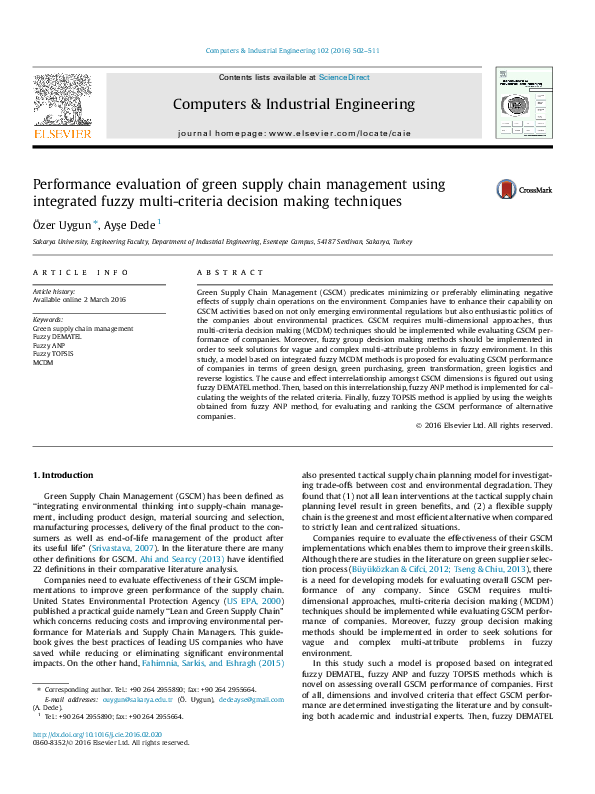 (PDF) Performance evaluation of green supply chain management using ...