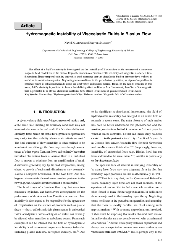 (PDF) Hydromagnetic Instability of Viscoelastic Fluids in Blasius Flow
