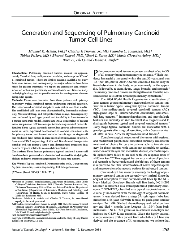 (PDF) Generation and sequencing of pulmonary carcinoid tumor cell lines
