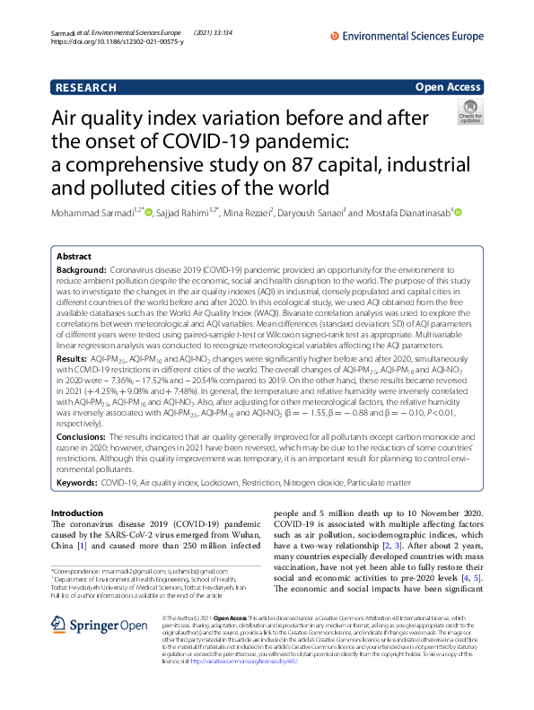 (PDF) Air quality index variation before and after the onset of COVID ...