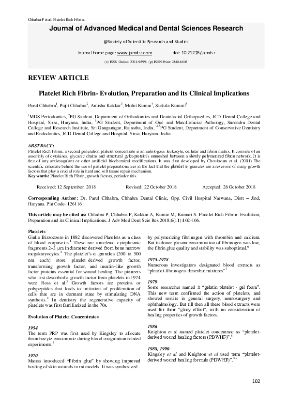 (PDF) Platelet Rich Fibrin- Evolution, Preparation and its Clinical ...