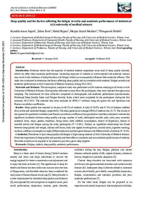 (PDF) Sleep quality and the factors affecting the fatigue severity and ...