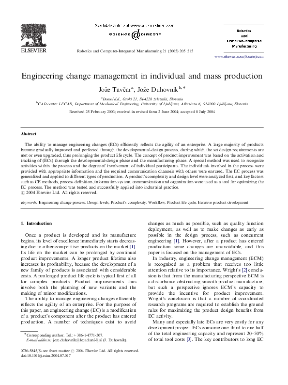 (PDF) Engineering change management in individual and mass production