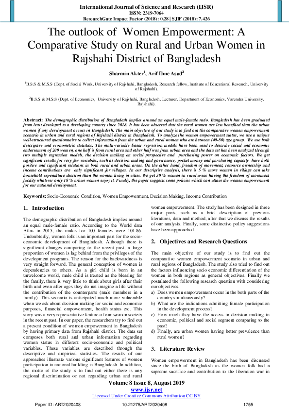 (PDF) The outlook of Women Empowerment: A Comparative Study on Rural ...