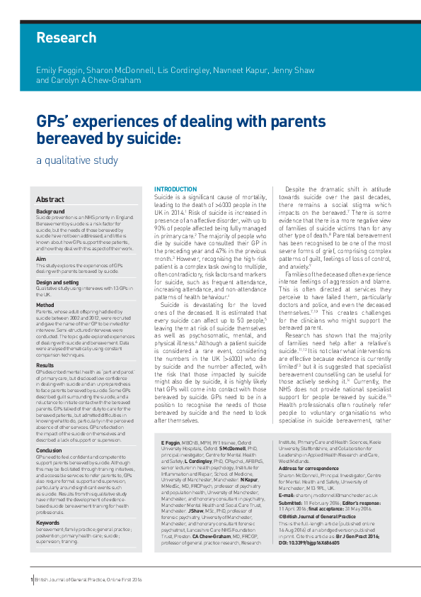 (PDF) GPs experiences of dealing with parents bereaved by suicide: a ...
