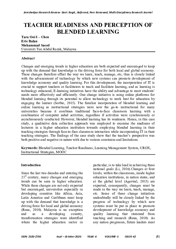 (PDF) TEACHER READINESS AND PERCEPTION OF BLENDED LEARNING