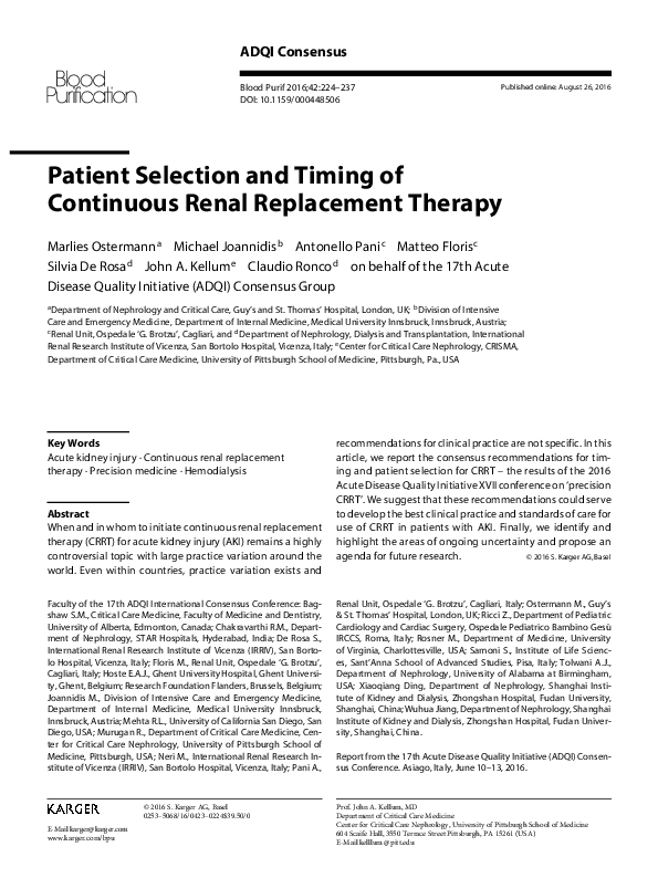 (PDF) Patient Selection and Timing of Continuous Renal Replacement Therapy