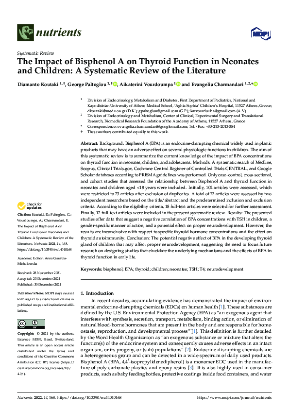 (PDF) The Impact of Bisphenol A on Thyroid Function in Neonates and ...