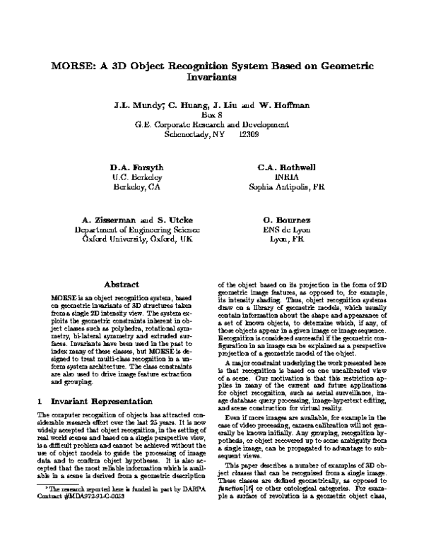 (PDF) MORSE: A 3D Object Recognition System Based on Geometric Invariants