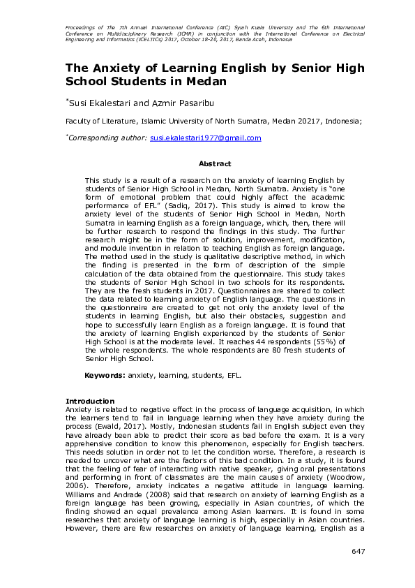 (PDF) The Anxiety of Learning English by Senior High School Students in ...