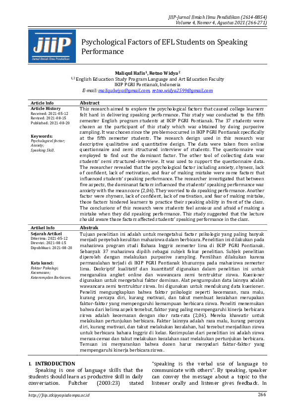 (PDF) Psychological Factors of EFL Students on Speaking Performance