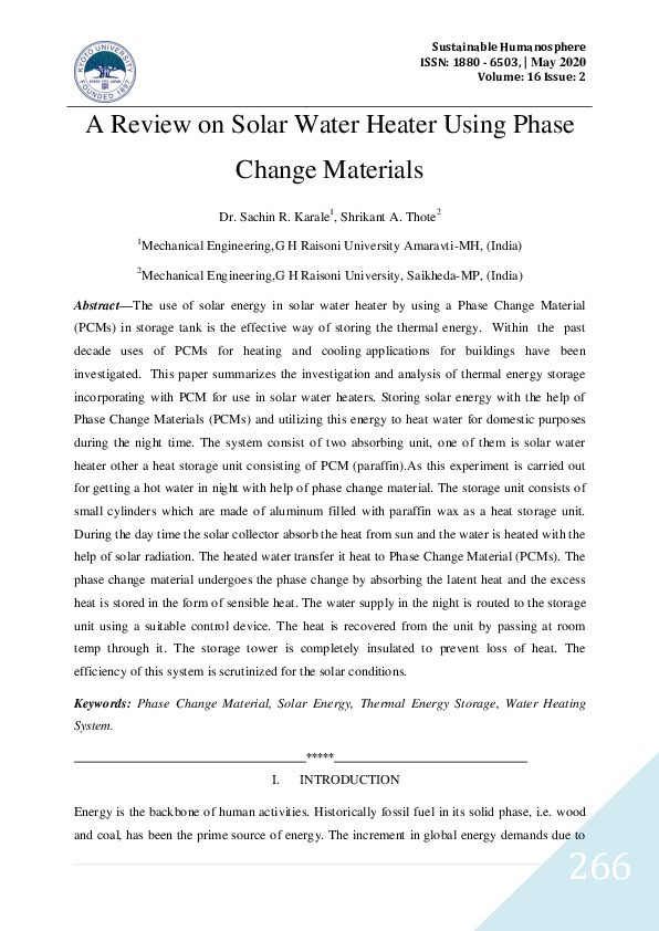 (PDF) A Review on Solar Water Heater Using Phase Change Materials