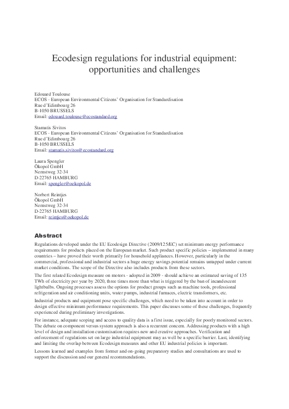 (PDF) Ecodesign regulations for industrial equipment : opportunities ...
