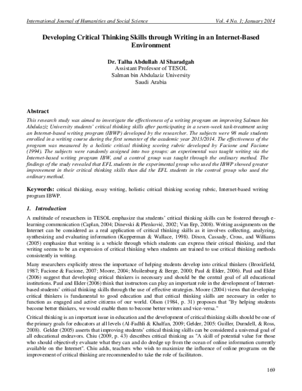 (PDF) Developing Critical Thinking Skills through Writing in an ...