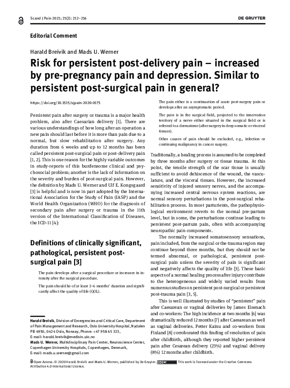(PDF) Risk for persistent post-delivery pain – increased by pre ...
