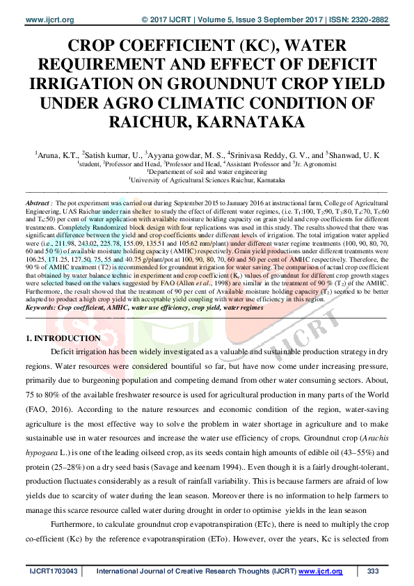 (PDF) Crop Coefficient (KC), Water Requirement and Effect of Deficit