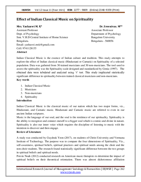 (PDF) Effect of Indian Classical Music on Spirituality