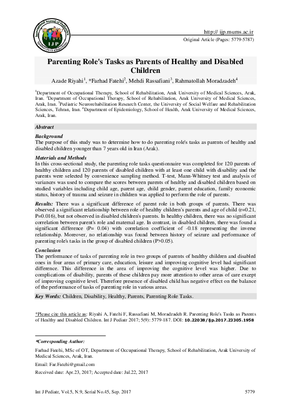 (PDF) Parenting Role's Tasks as Parents of Healthy and Disabled Children