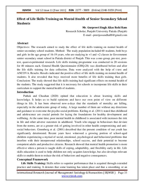 (PDF) Effect of Life Skills Training on Mental Health of Senior ...