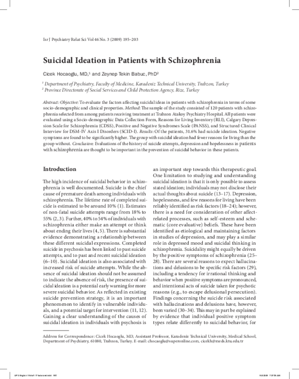 (PDF) Suicidal ideation in patients with schizophrenia