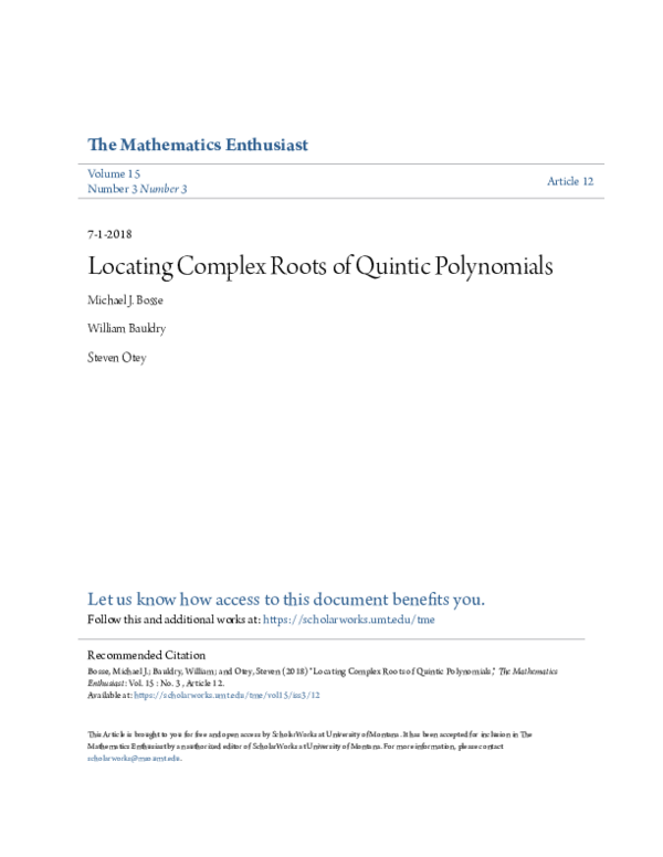 (PDF) Locating Complex Roots of Quintic Polynomials