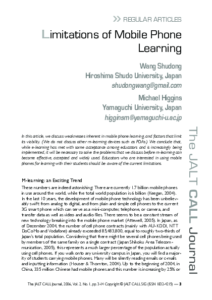  PDF Limitations Of Mobile Phone Learning Shudong Wang Academia edu