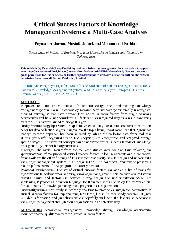 (PDF) Critical Success Factors of Knowledge Management Systems a Multi ...
