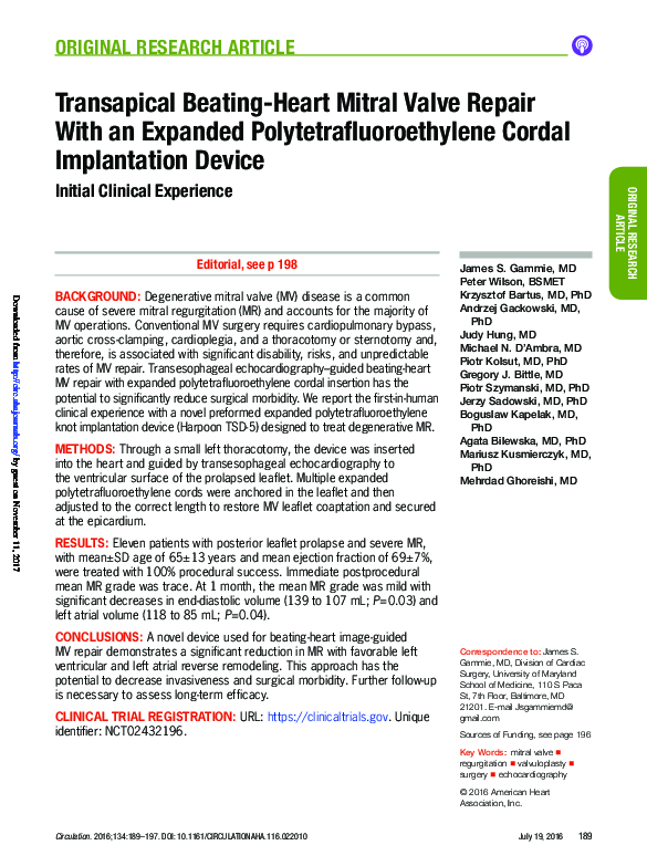 (PDF) Transapical Beating-Heart Mitral Valve Repair With an Expanded ...