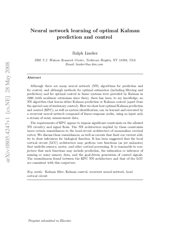 (PDF) Neural network learning of optimal Kalman prediction and control